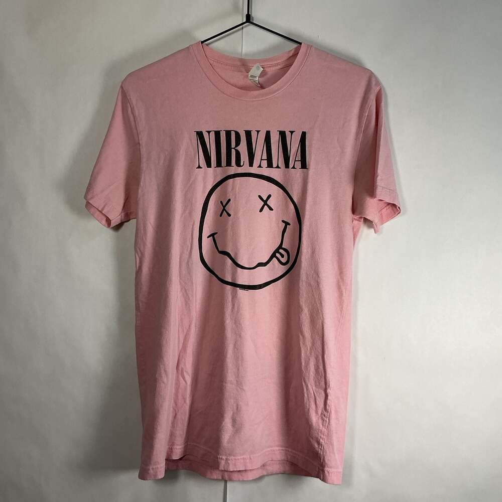 Nirvana Pink Smiley Face Graphic Band T-Shirt Size Small Next Level